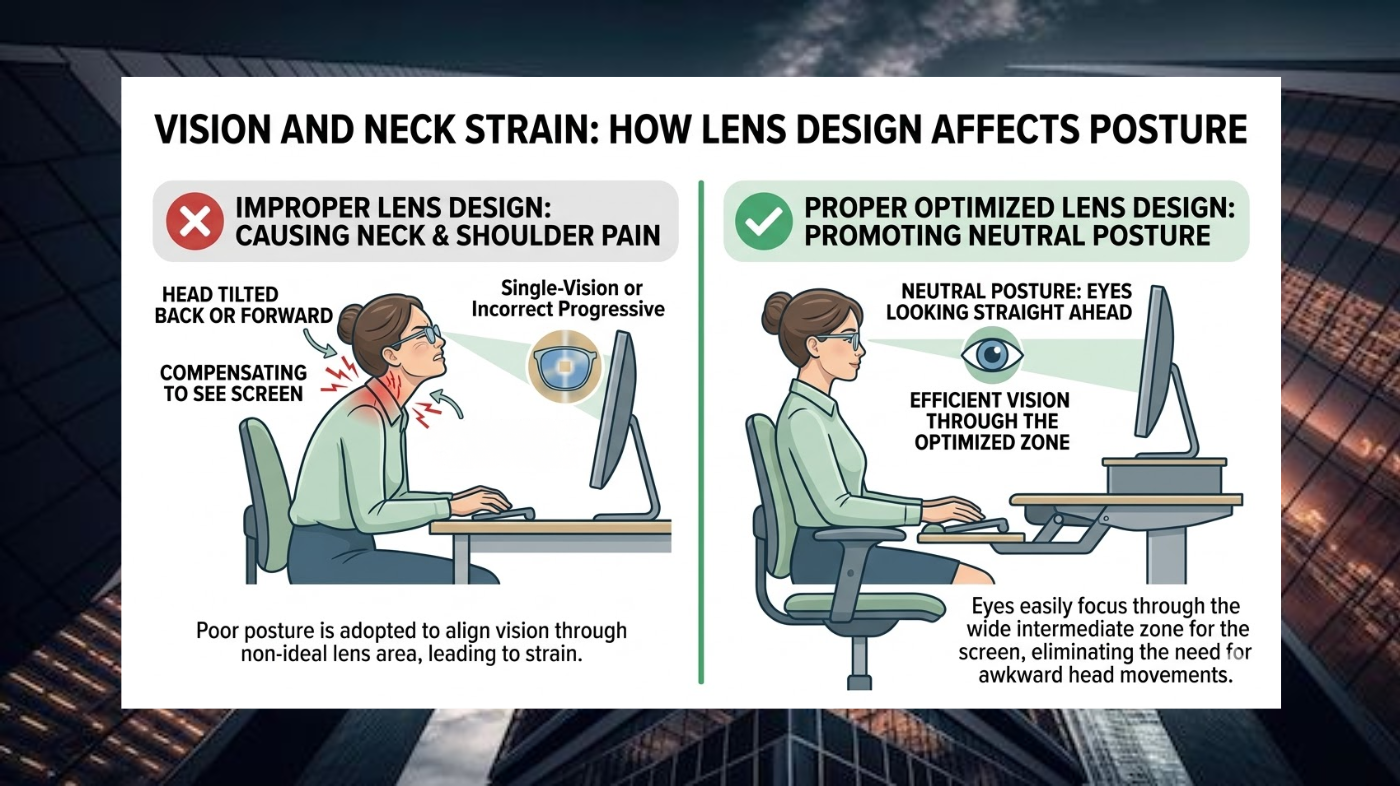  Illustration showing how improper lens design can cause poor posture and neck strain during desk work.