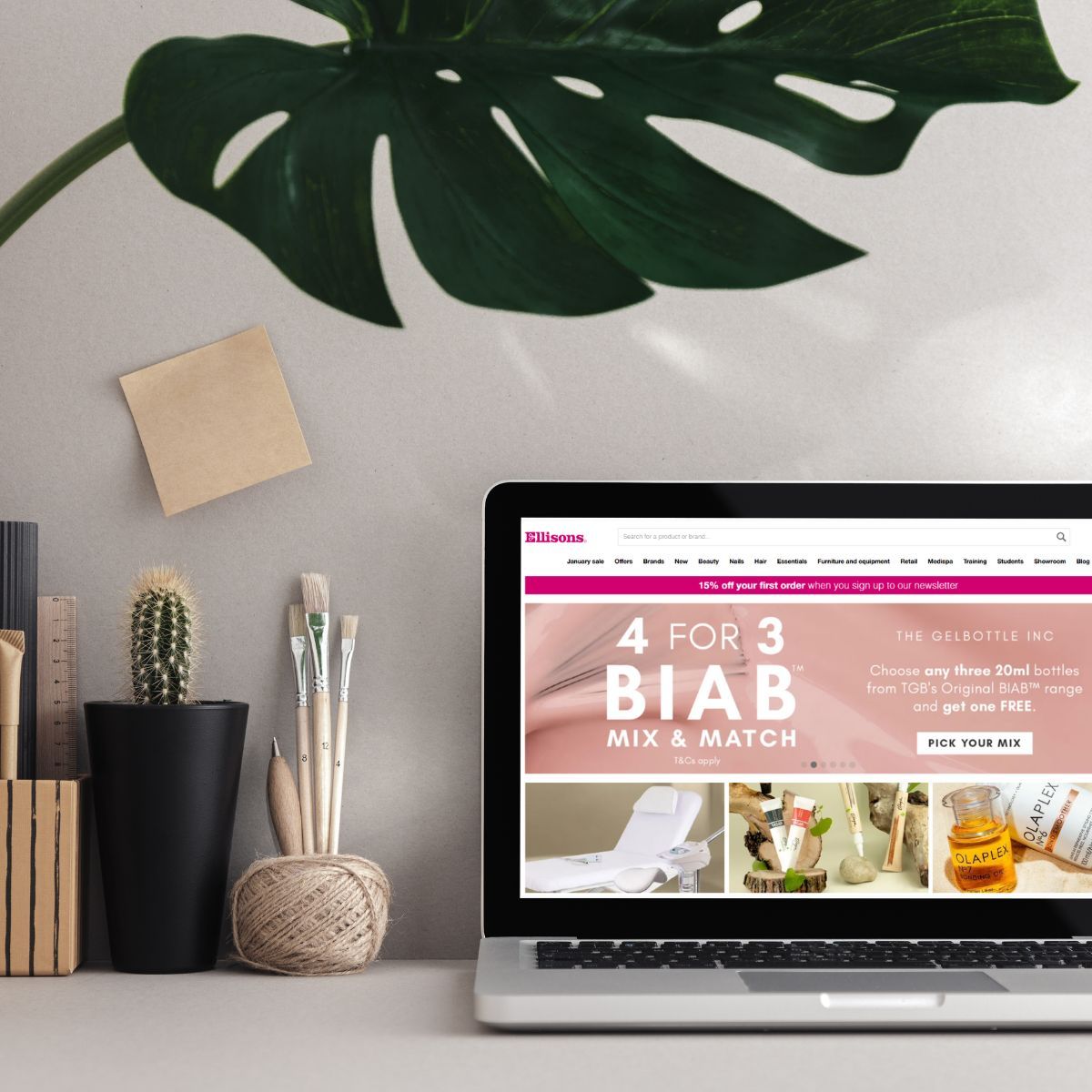 Laptop displaying Ellisons website, with plants and stationery on a desk.