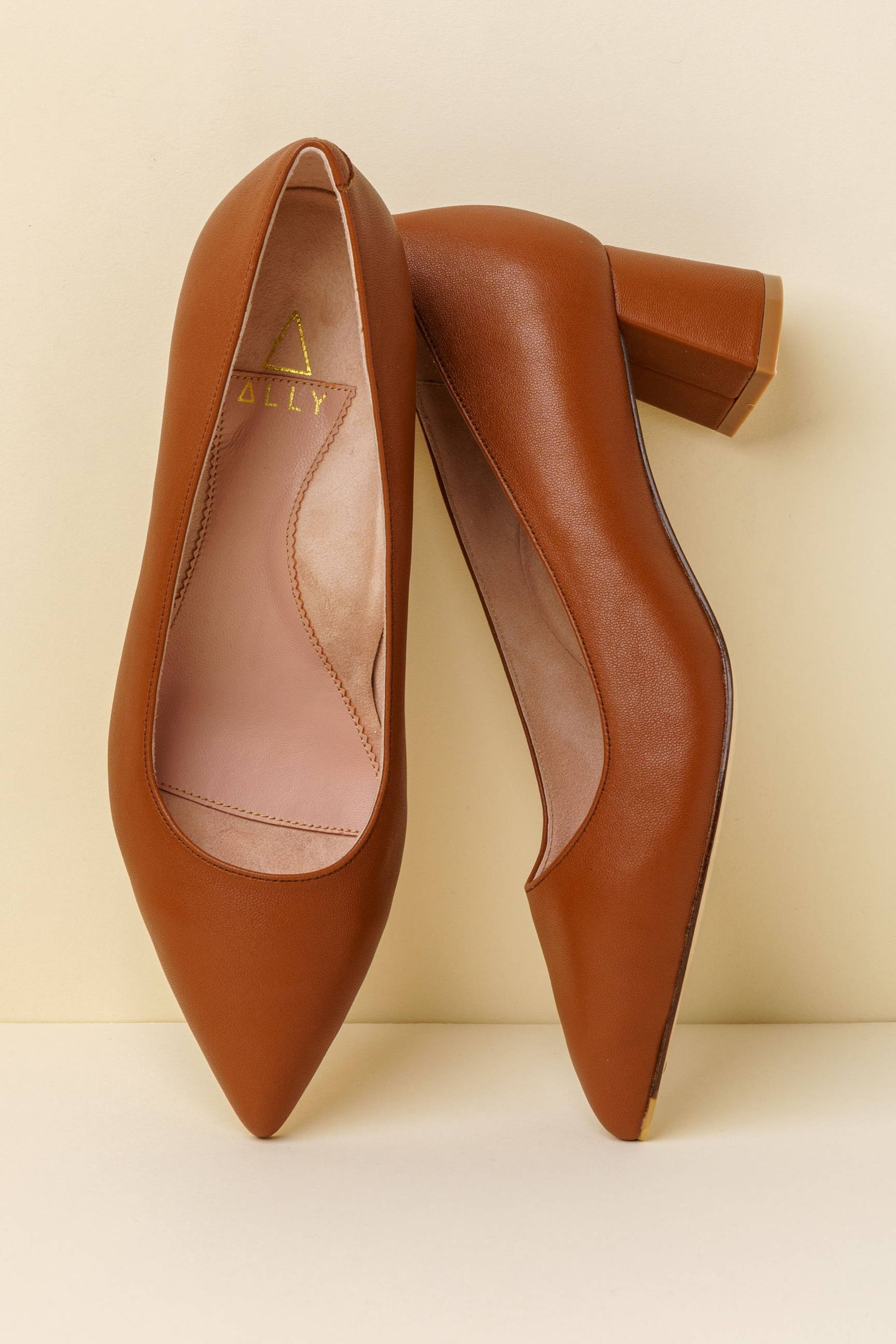 Brown pointed-toe high heels on a light background.