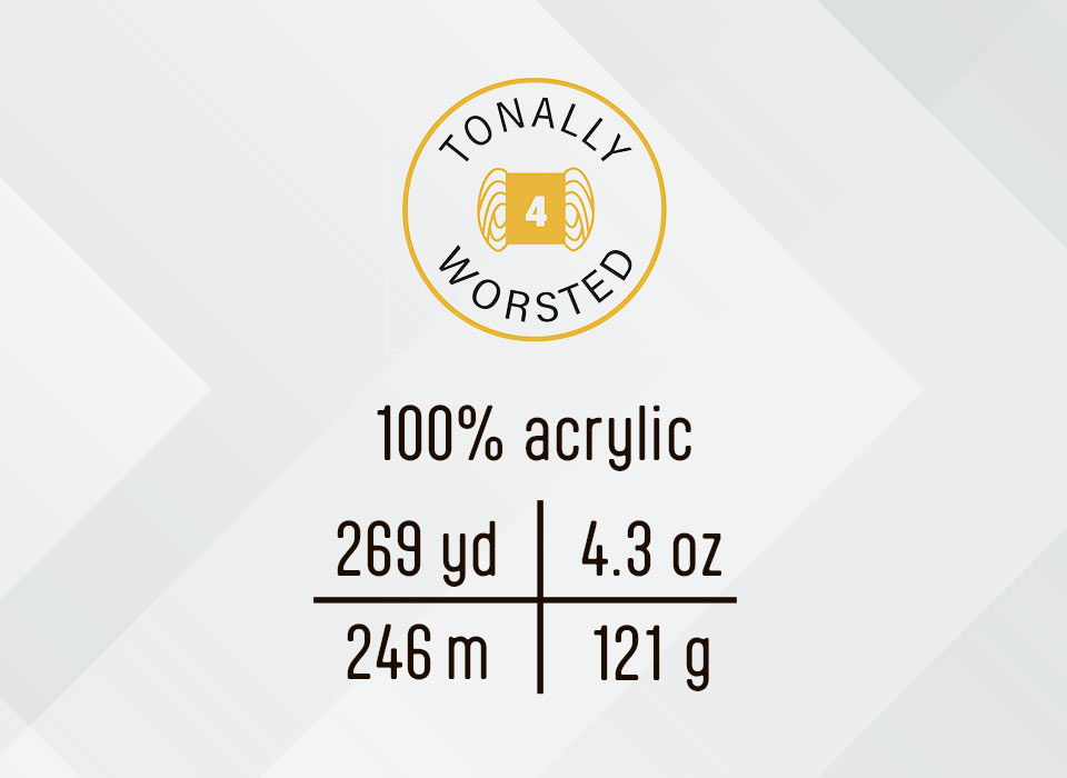 Label for worsted yarn: 100% acrylic, 269 yd, 4.3 oz, 246 m, 121 g