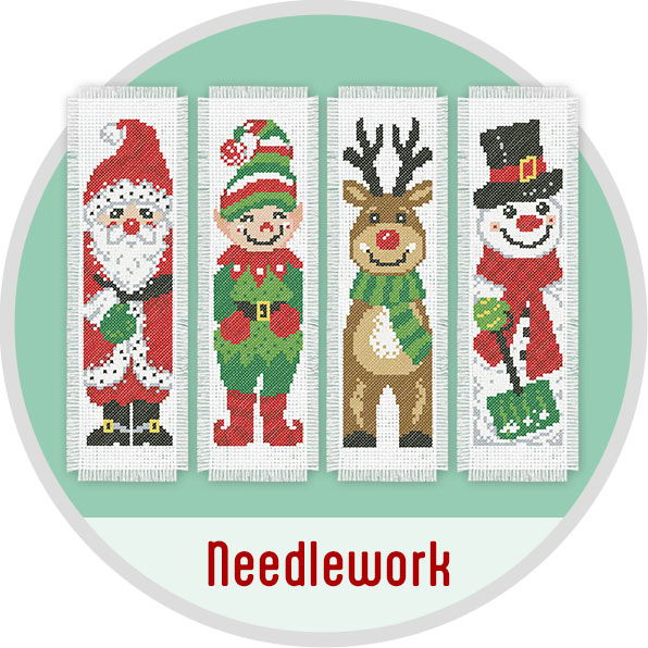 Four festive characters: Santa, elf, reindeer, and snowman with 