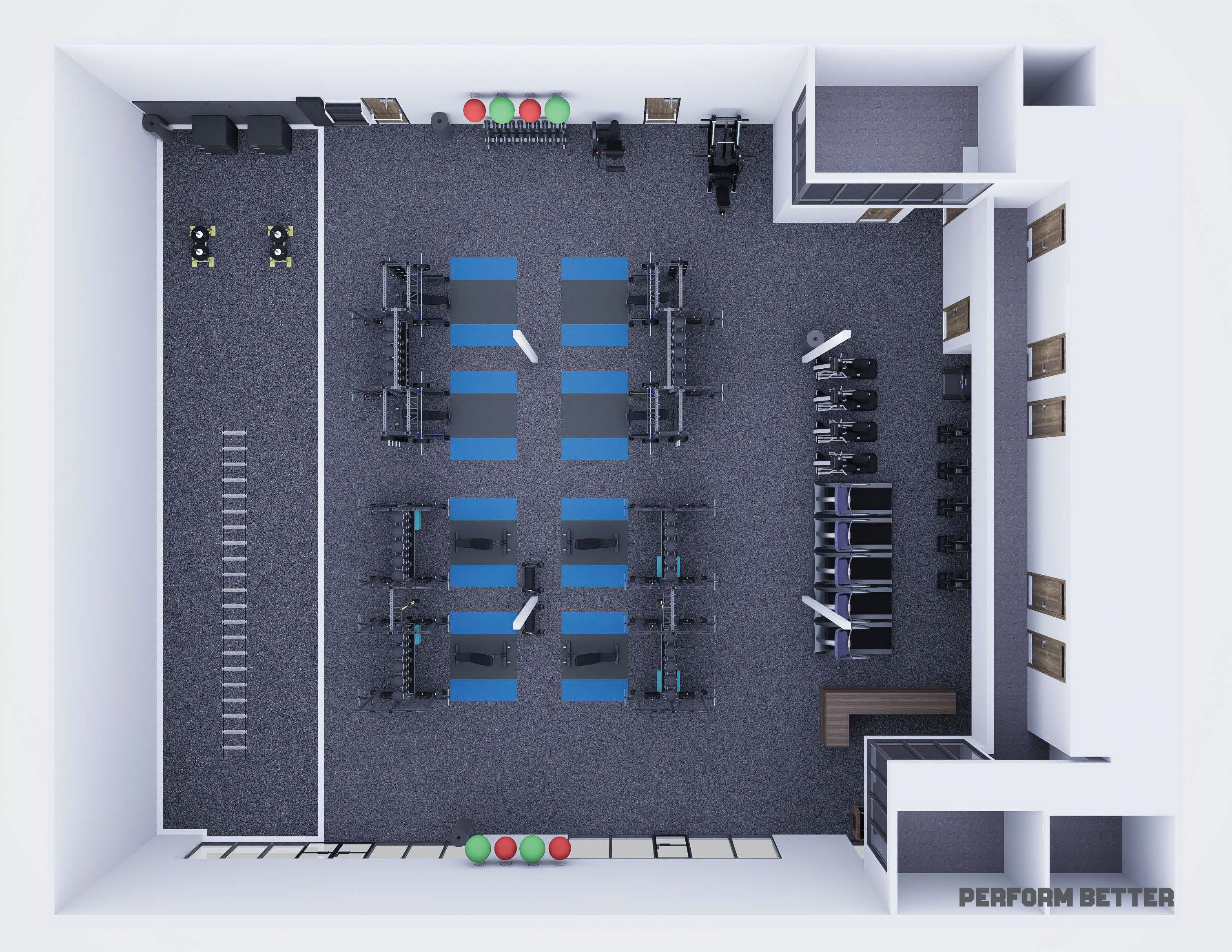 Top view of a gym layout with workout equipment and weights.