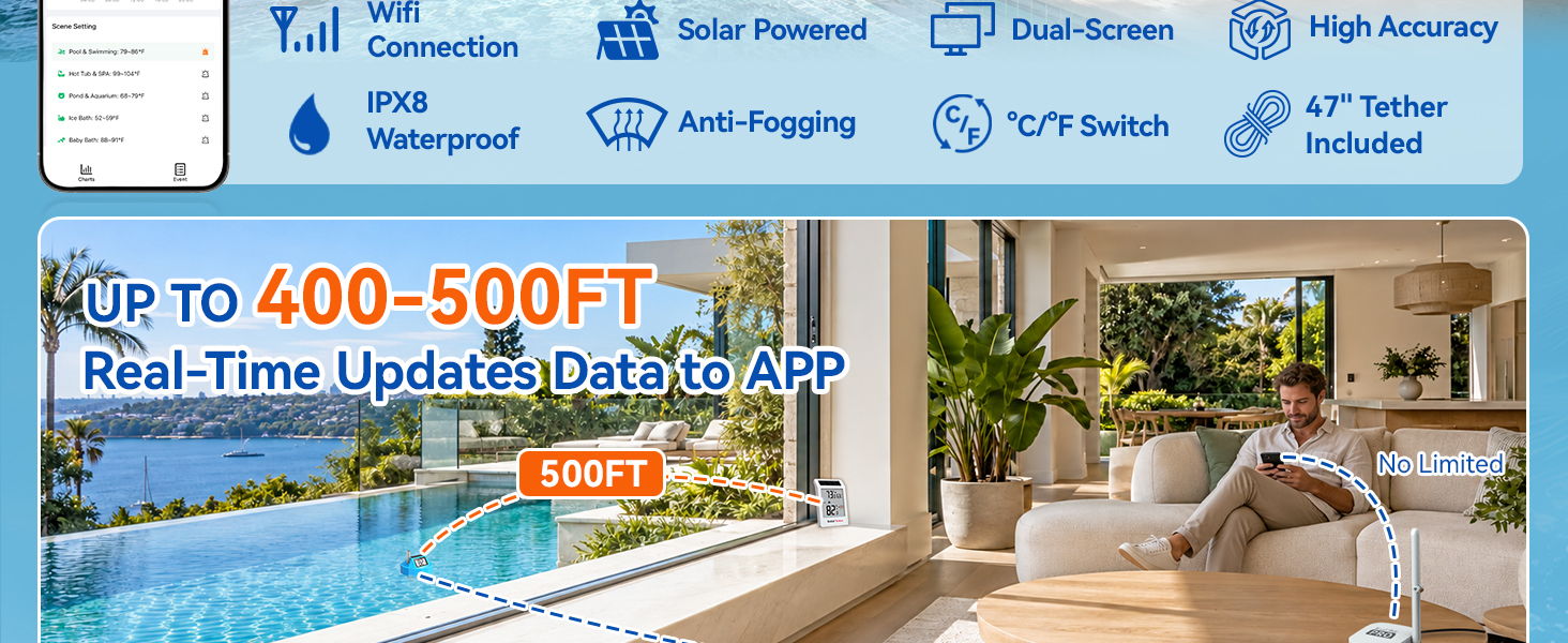 Promotional image for a smart home app with swimming pool view.