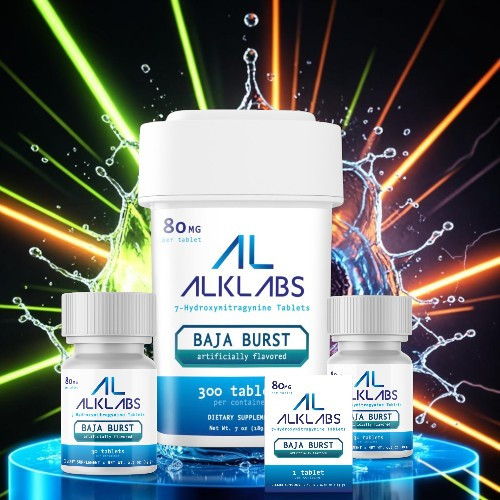 Baja Burst supplement bottles with colorful background and dynamic design elements.