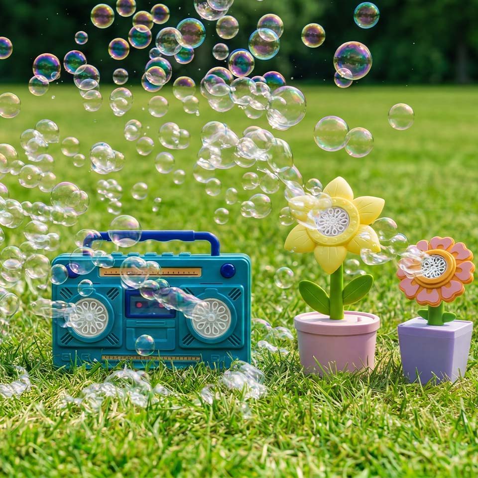 A boombox surrounded by bubbles and colorful flower pots on grass.