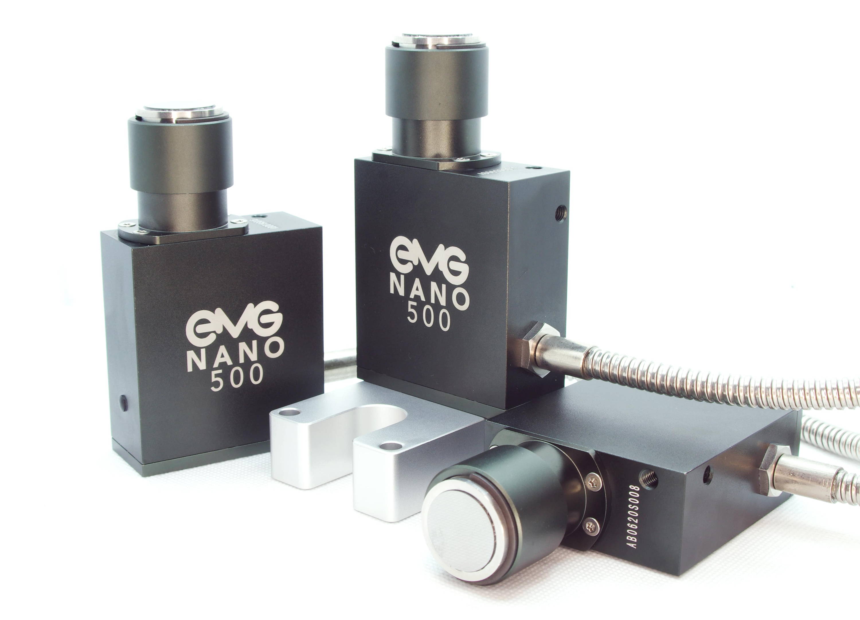 Image of three Nano500 Tool Setters at different angles on a white background. EMG Precision CNC Tool Setters.