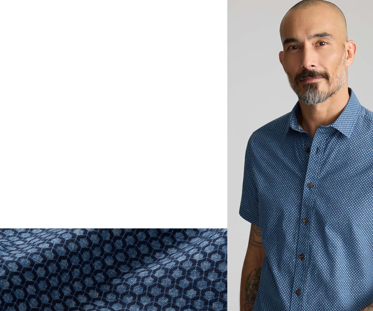 A man wearing a blue patterned shirt with a close-up of the fabric.