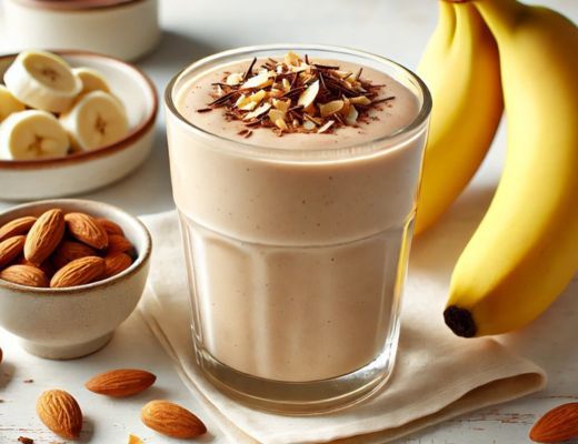 A glass of smoothie topped with almonds, surrounded by bananas and almonds.