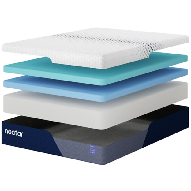 Layered mattress design showcasing different materials and textures.