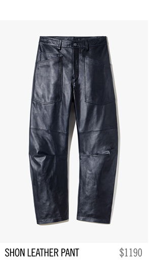 Black leather pants labeled 
