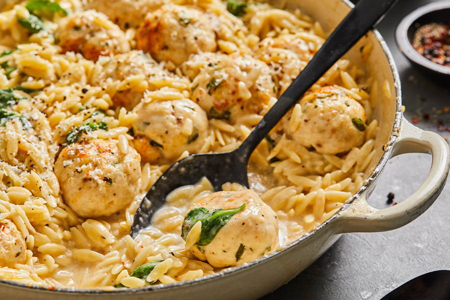 Completed Baked Chicken Meatballs With Creamy Parmesan Orzo