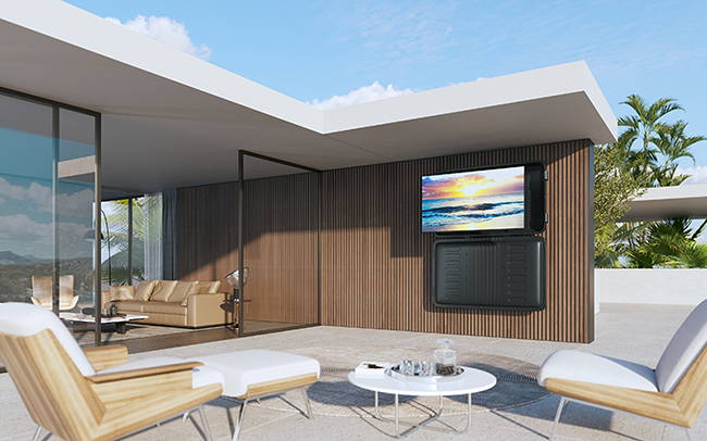 An outdoor area with the TV Shield E-Series, in a condo 