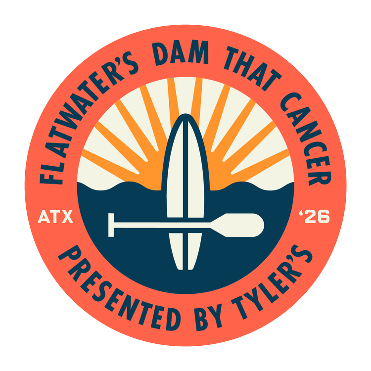 Logo for Flatwater's Dam That Cancer event, featuring a paddle and sun design.