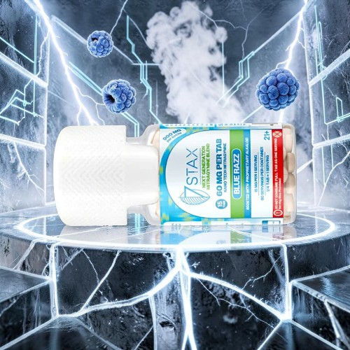 Bottle of health supplement surrounded by icy effects and floating particles.