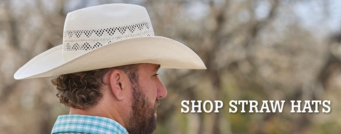 Person wearing a straw hat, with text promoting straw hats.