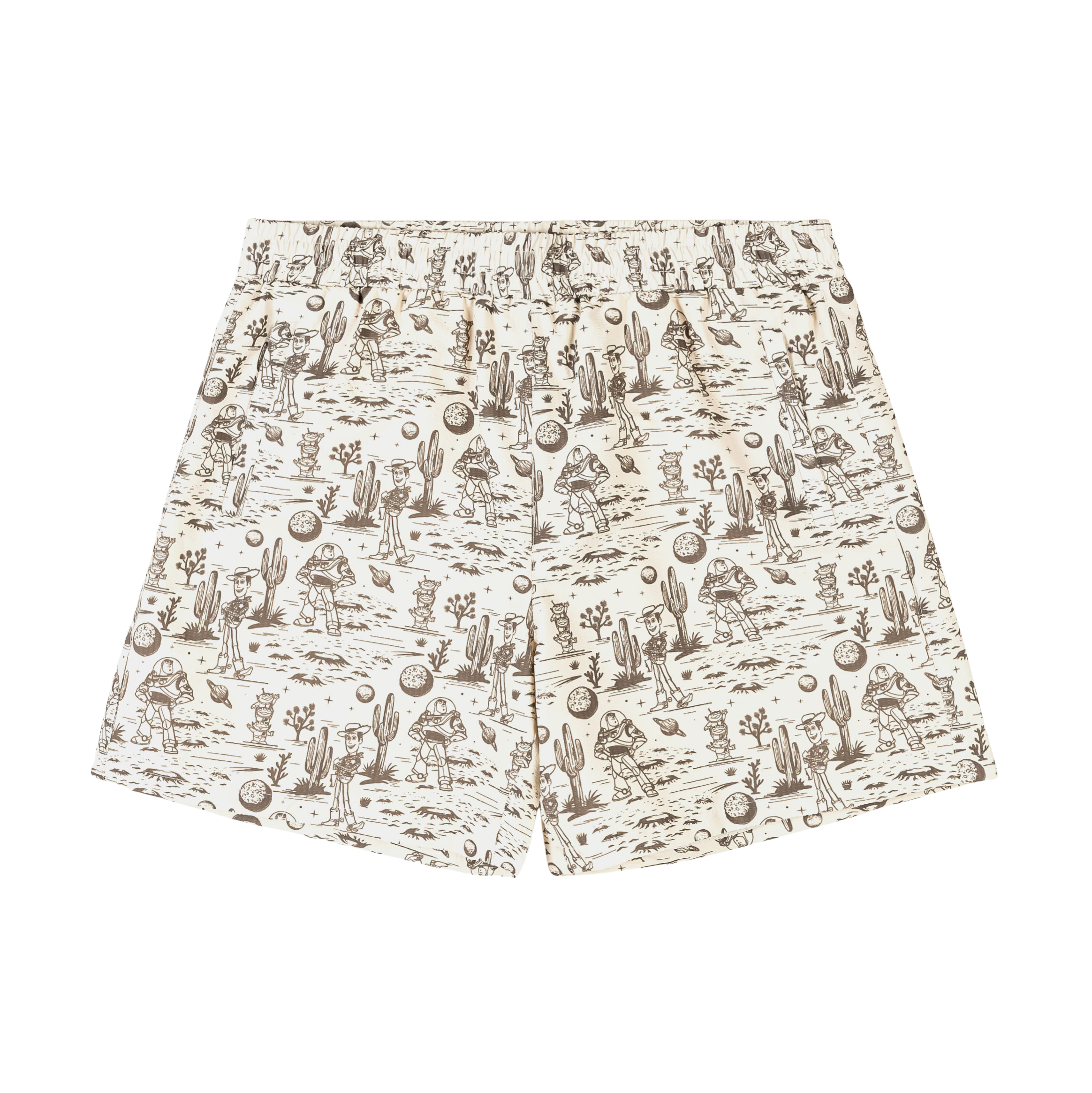 Patterned shorts with a light background and various designs.