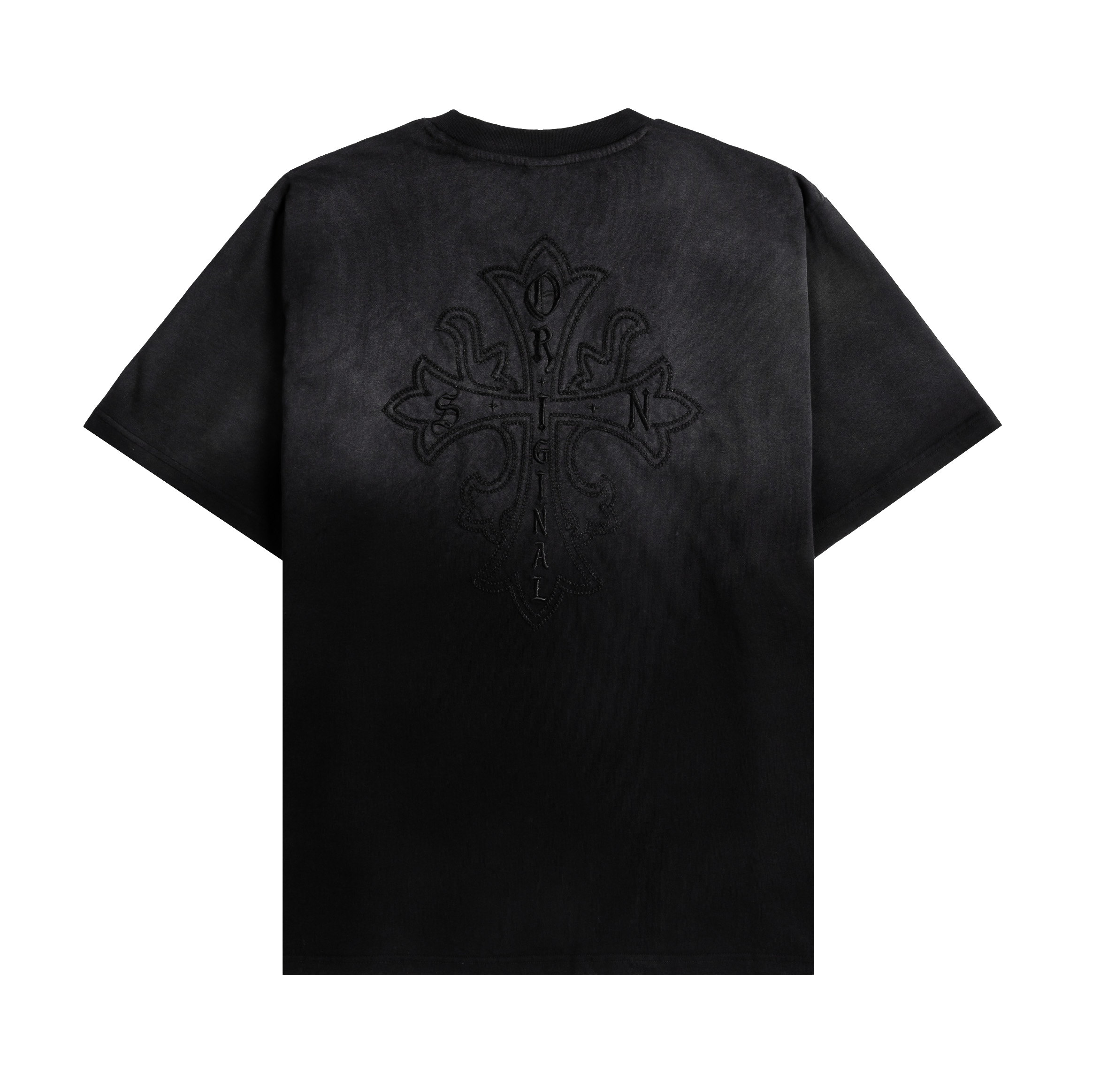 Black t-shirt with a subtle graphic design on the front.