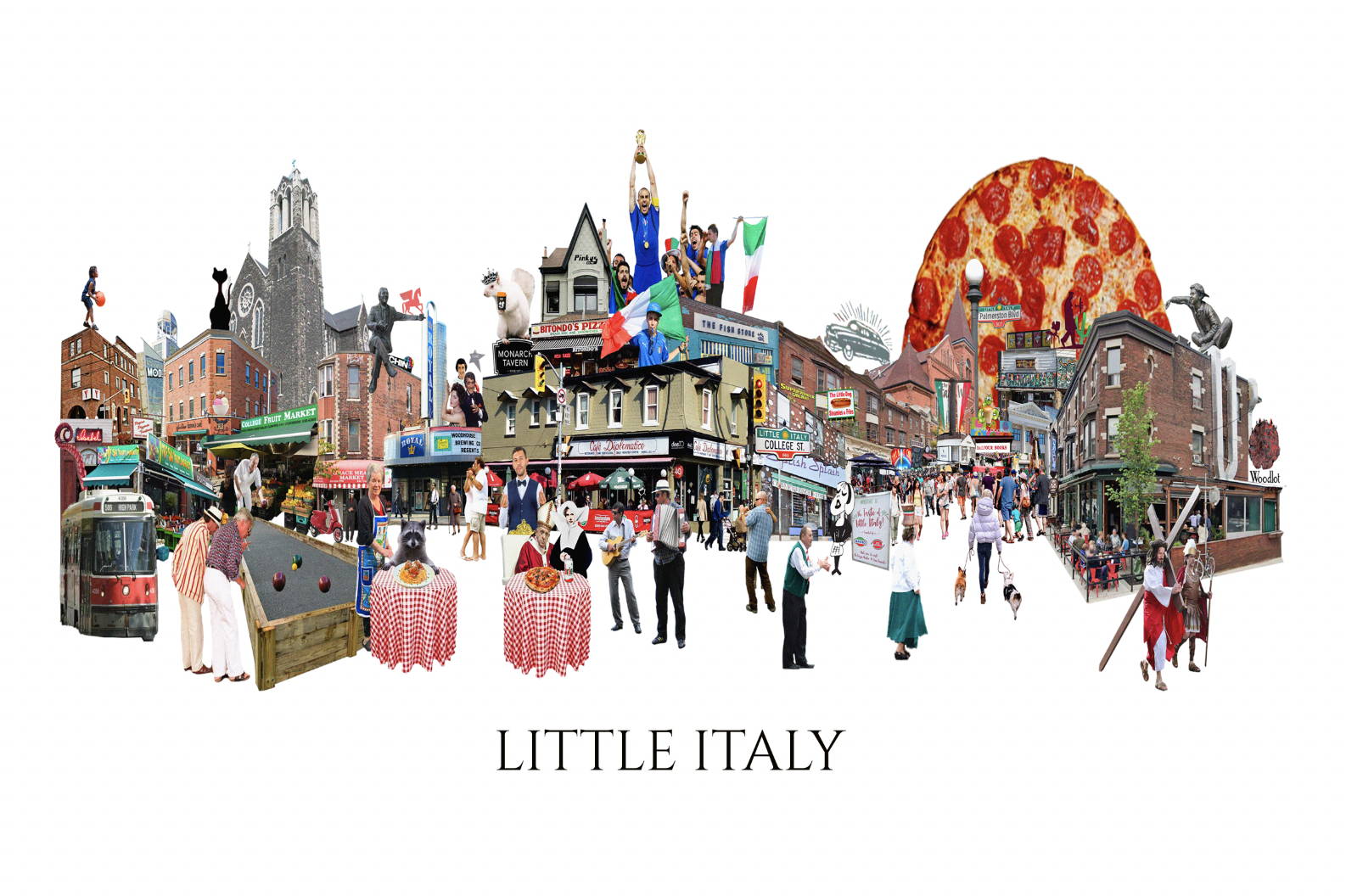 A digital collage of Toronto's Little Italy neighbourhood on College Street