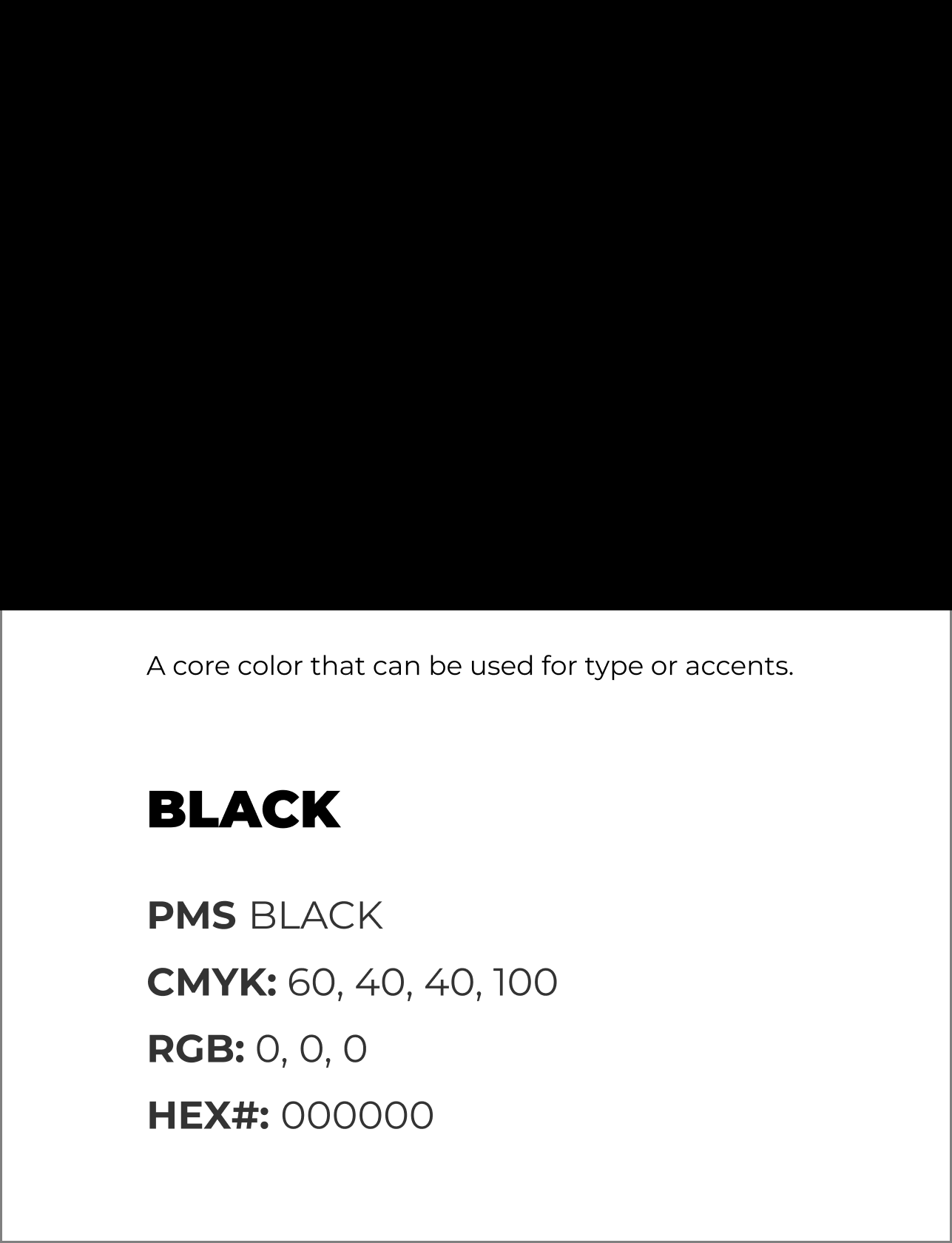 Color specifications for black: PMS, CMYK, RGB, HEX values.