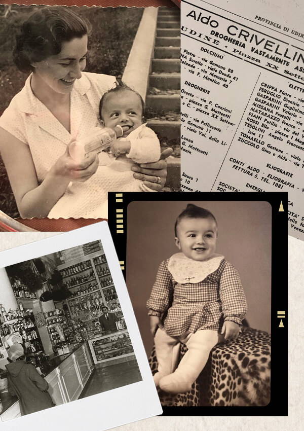 A collage of vintage photographs of Roberto Crivellini and his family, the original Drogheria in Udine and a newspaper clipping.