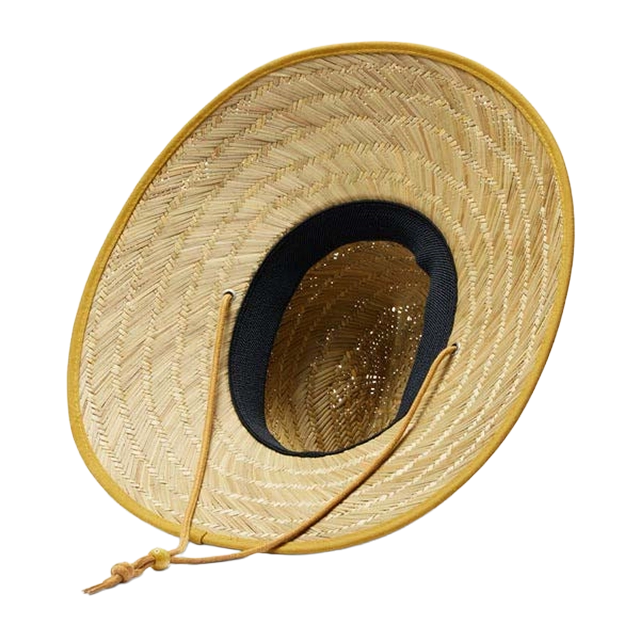 A wide-brimmed straw hat with a black interior and chin strap.