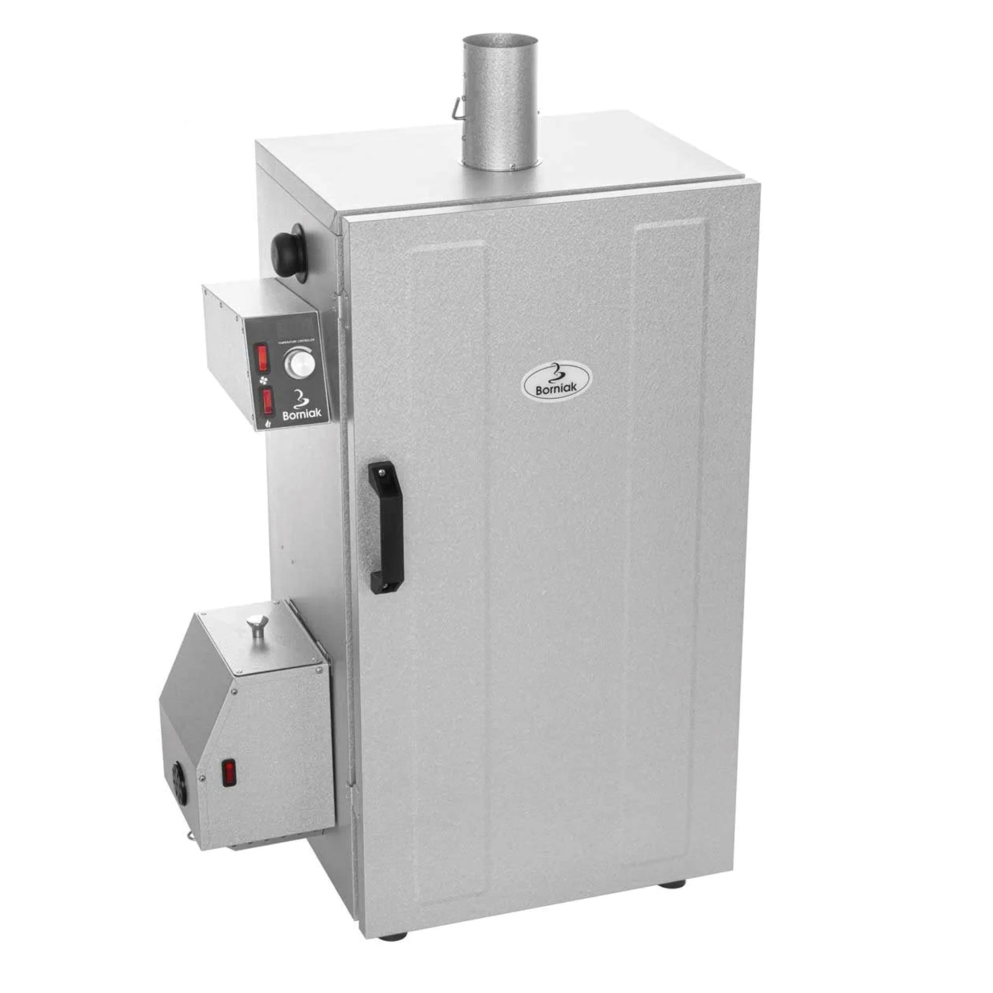 Silver vertical smoker with a chimney and control panel.