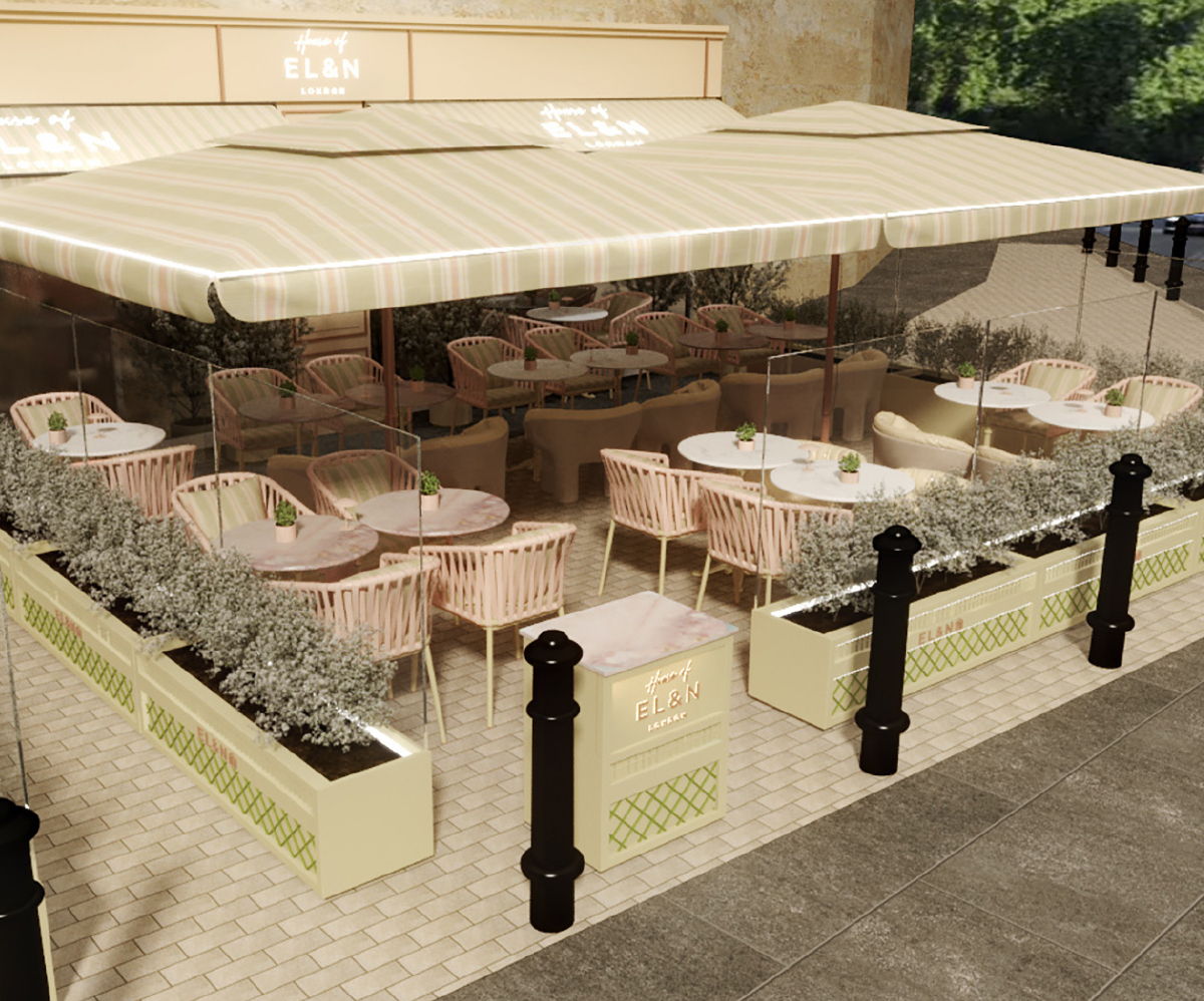 Outdoor café with pink furniture, greenery, and a striped awning.