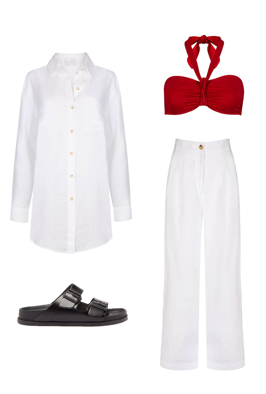 White oversized linen shirt and white wide leg linen trousels