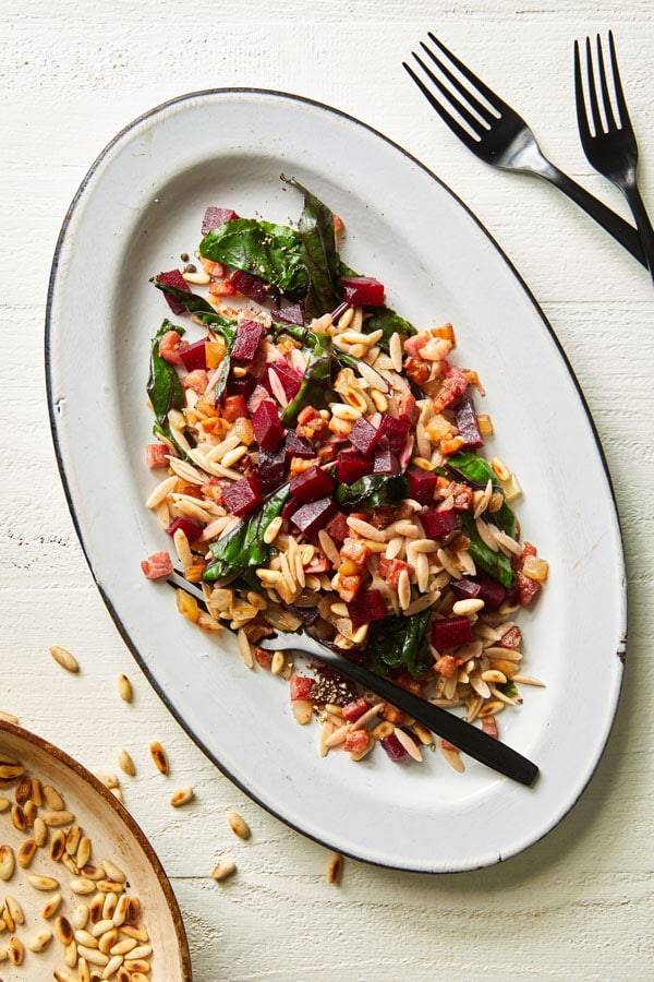 Orzo with beets, pancetta and caramelized onions recipe 