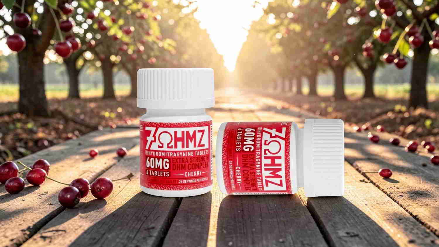 Two jars of product on a wooden path through a cherry orchard.