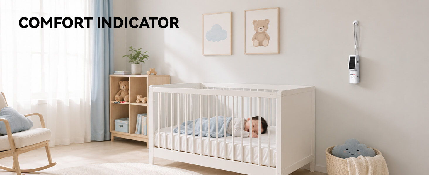 A cozy nursery with a crib and a comfort indicator.