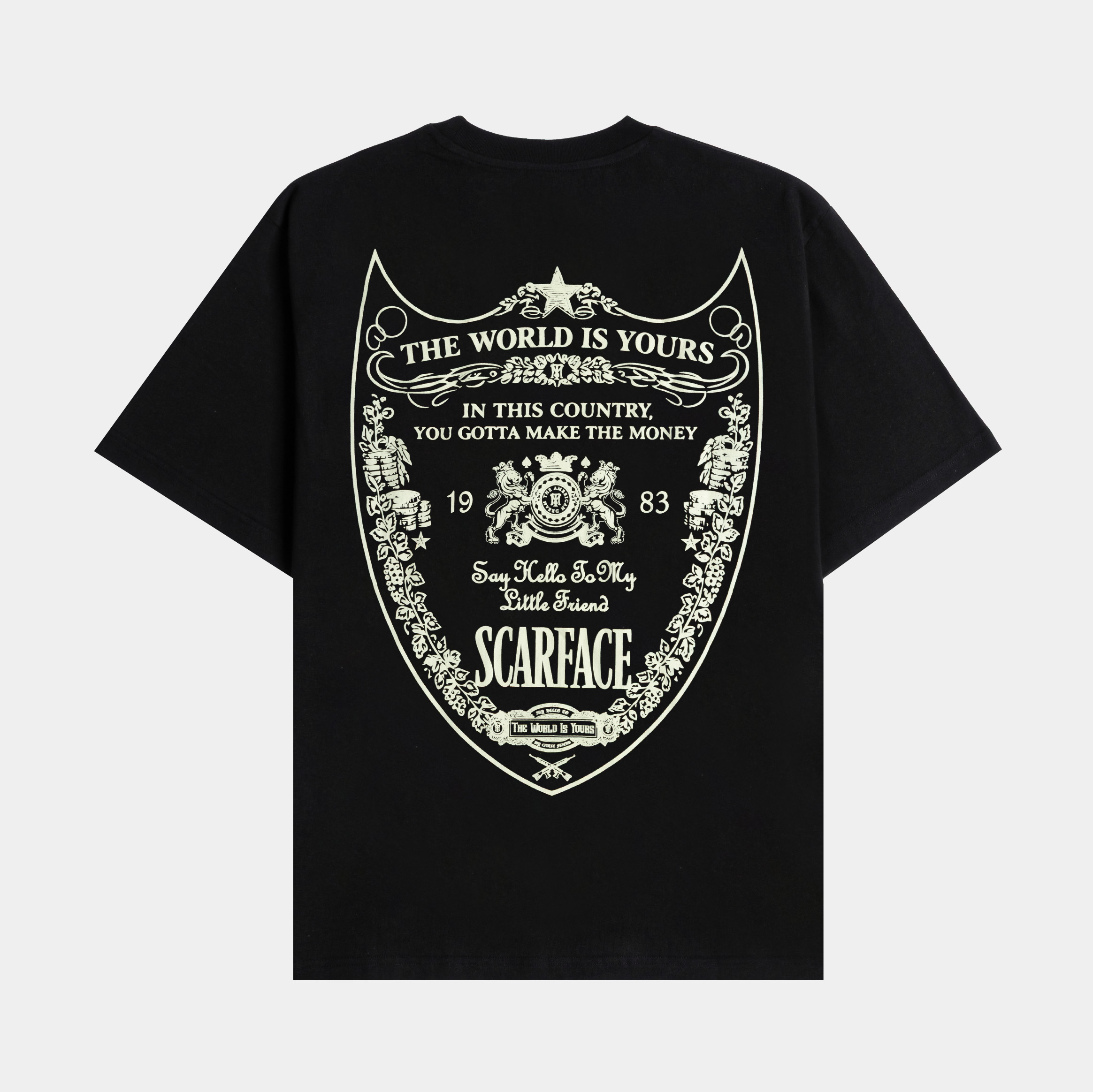 Black t-shirt with graphic designs on the front.