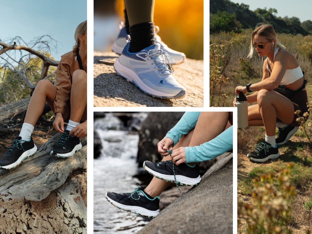 collage of women wearing ridge rebel hiking shoe