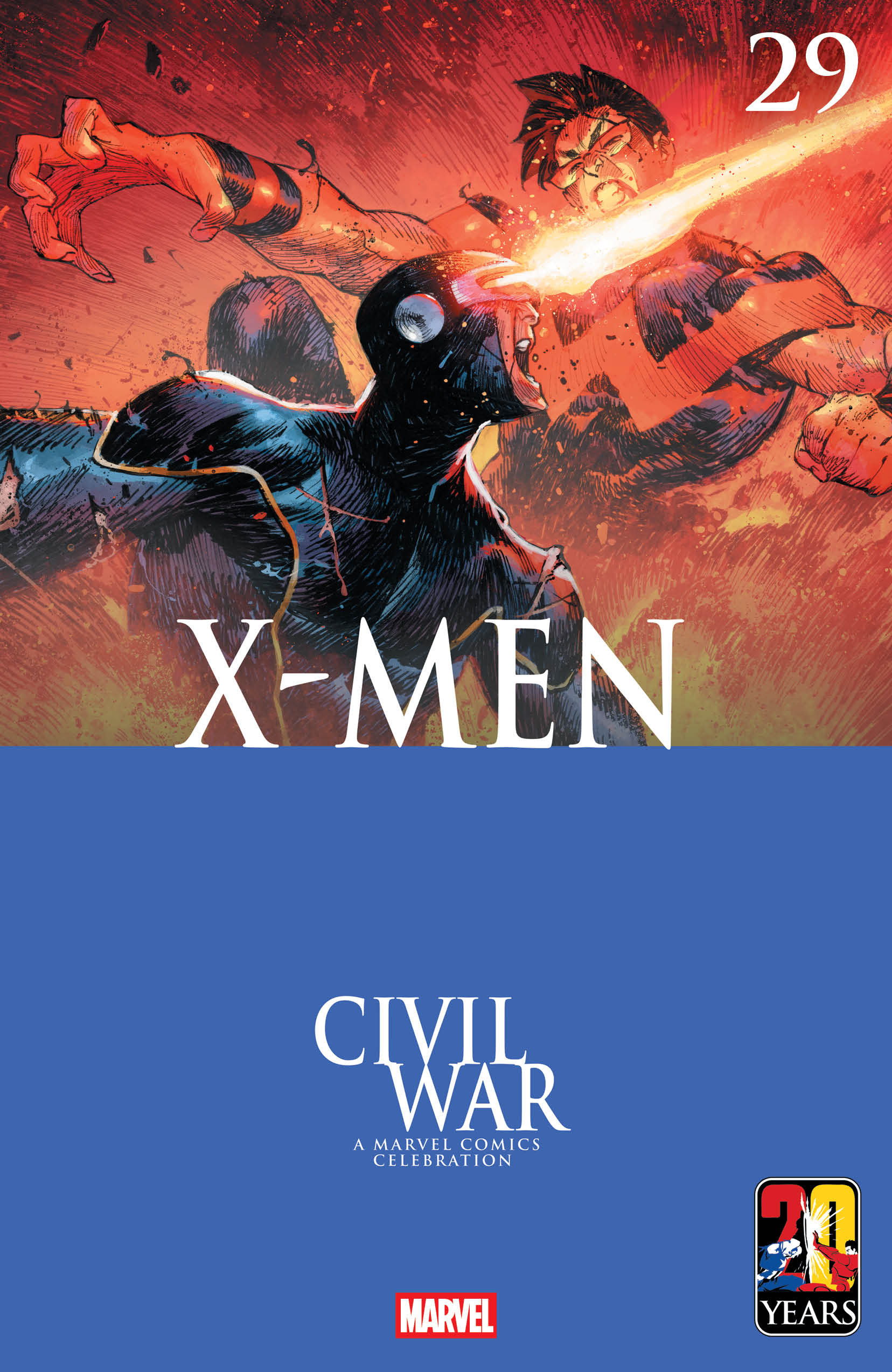Cover of X-Men comic issue 29, featuring Civil War theme.