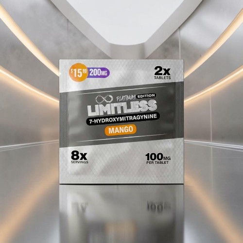 Limitless mango flavored supplement package on a reflective surface.