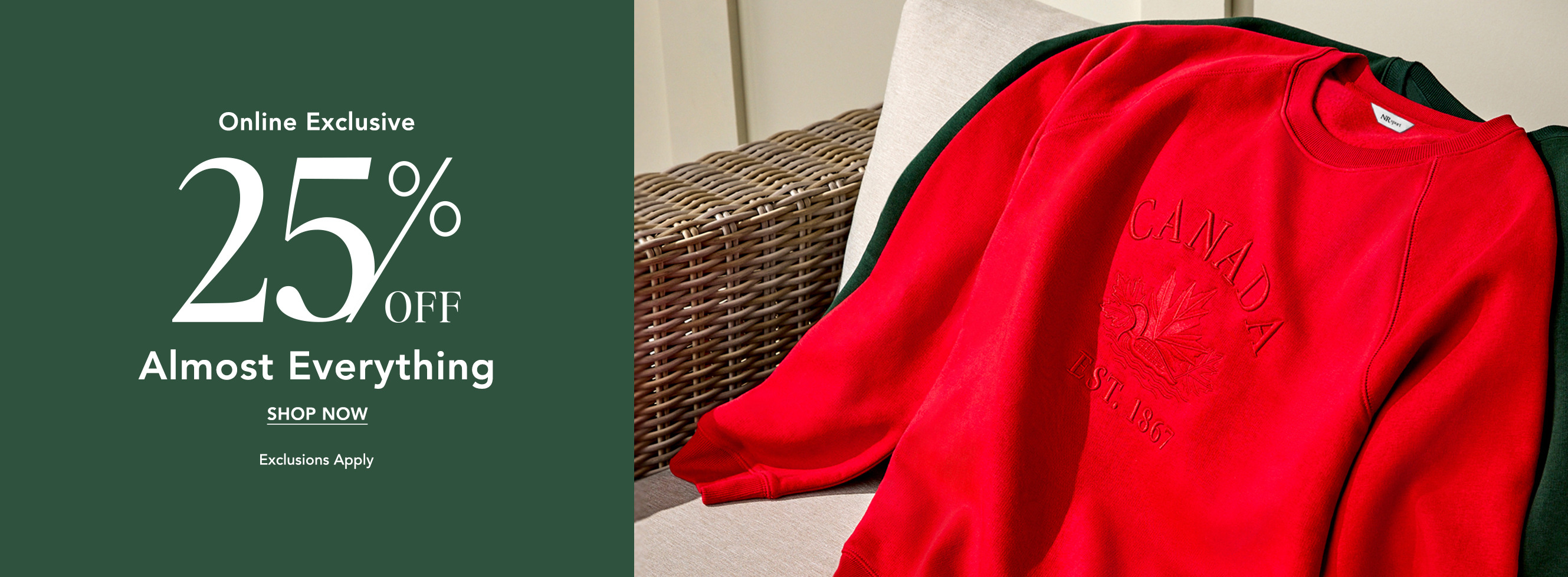 Red clothing on a surface with discount promotion text.