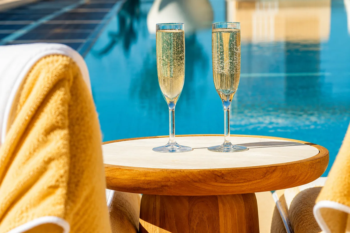 Poolside table with champagne glasses beside comfortable outdoor lounge chairs at a luxury hotel