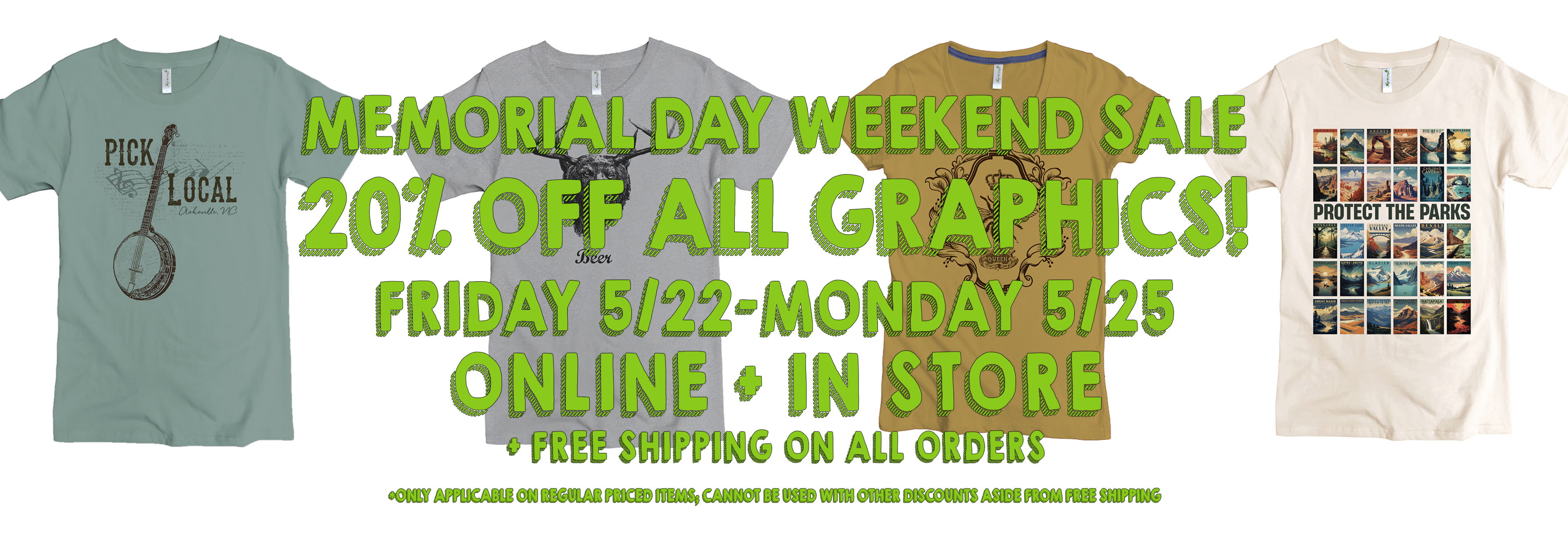 Pictures of Spiritex organic cotton graphic tees with 20% sale information overlayed