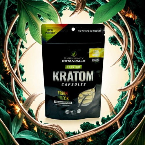 Kratom capsules packaging surrounded by green leaves and vines.