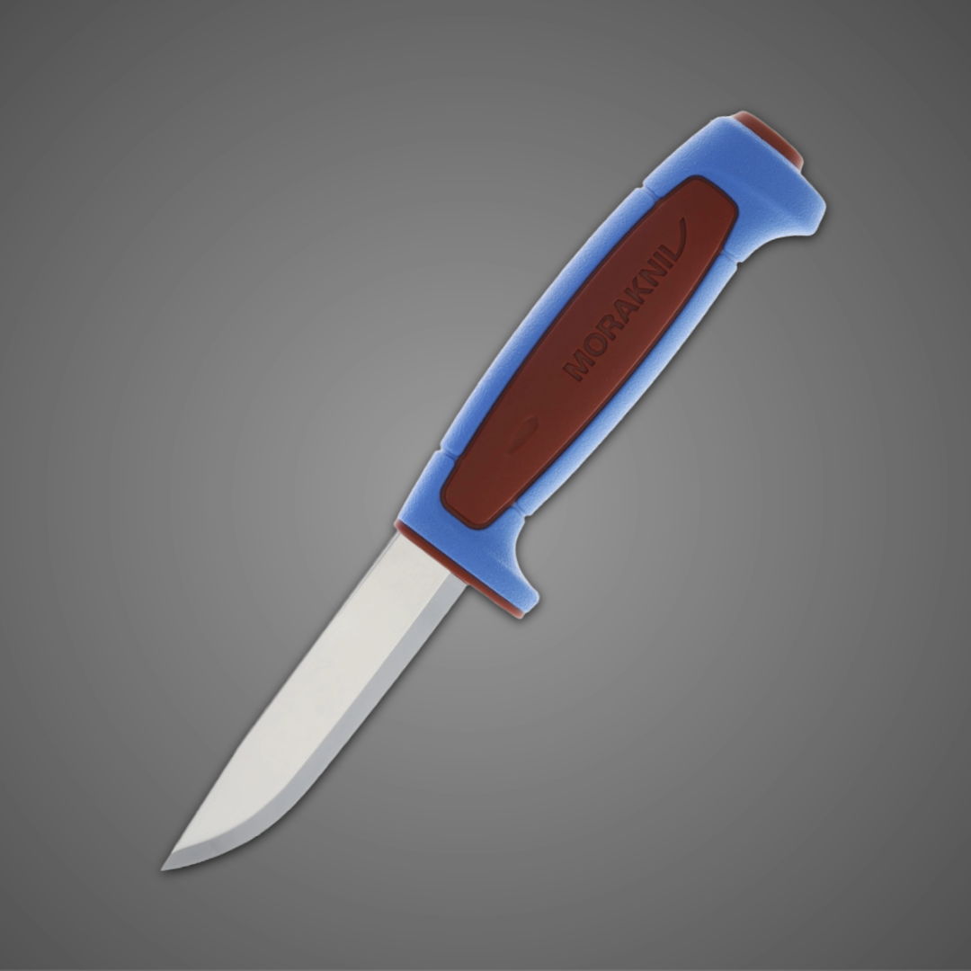 A knife with a blue handle and silver blade on a gray background.