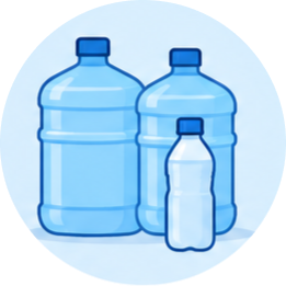 Three blue water bottles of different sizes on a light background.