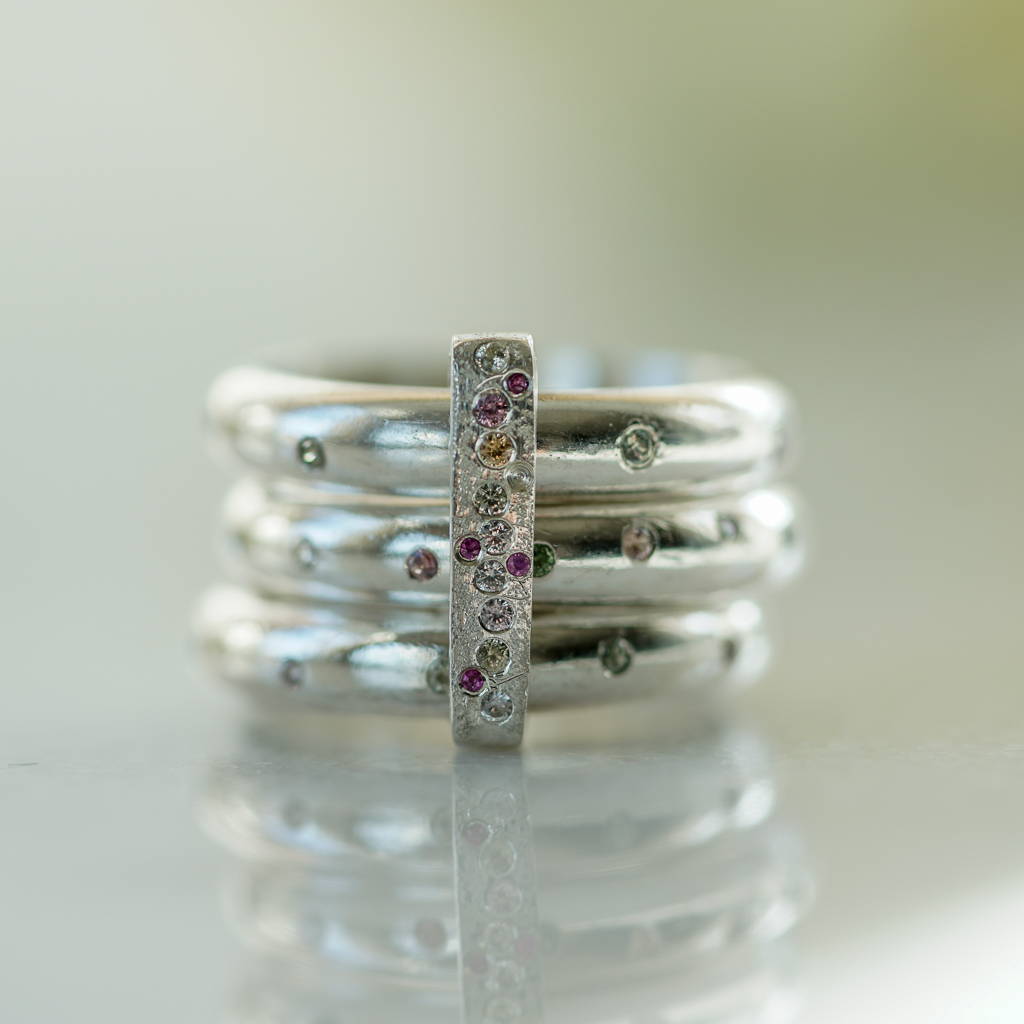 starburst 3 rings in silver with multicolored sapphires