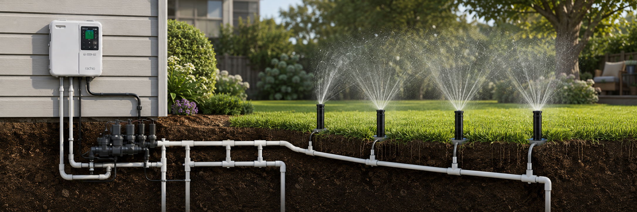 Irrigation system with pipes and sprinklers watering a garden area.