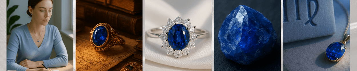 Collage of Virgo birthstone jewelry and imagery