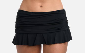 Front image, close-up of model wearing black skirted swimsuit bottoms.
