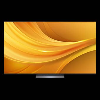A television displaying a vibrant yellow abstract design.