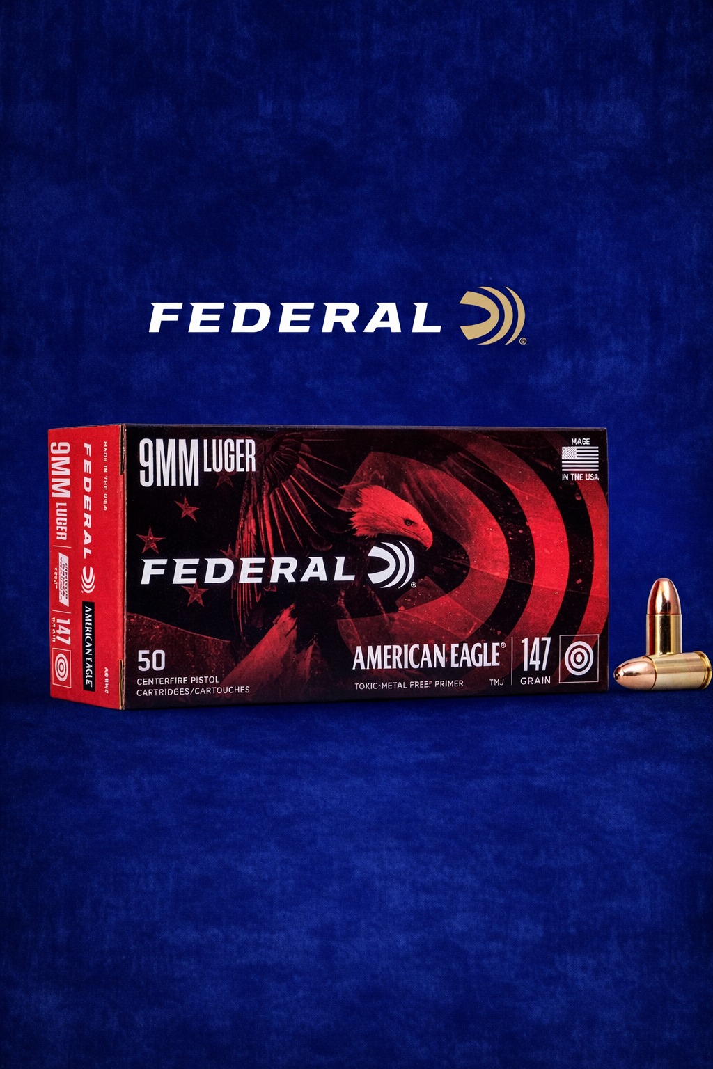 Box of Federal 9mm ammunition on a blue background.