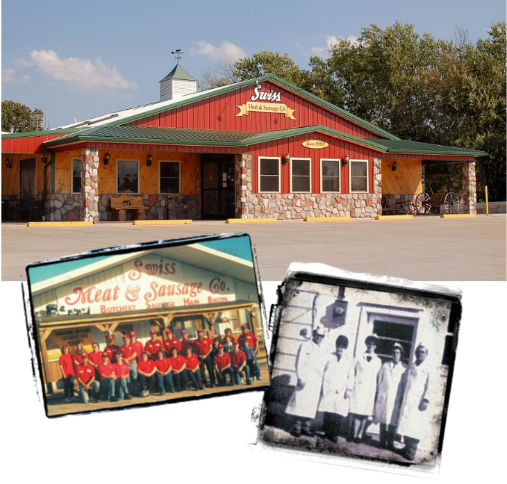 Swiss Meats building exterior and old staff photos
