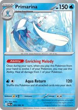 Primarina Pokémon card featuring abilities and attack details.
