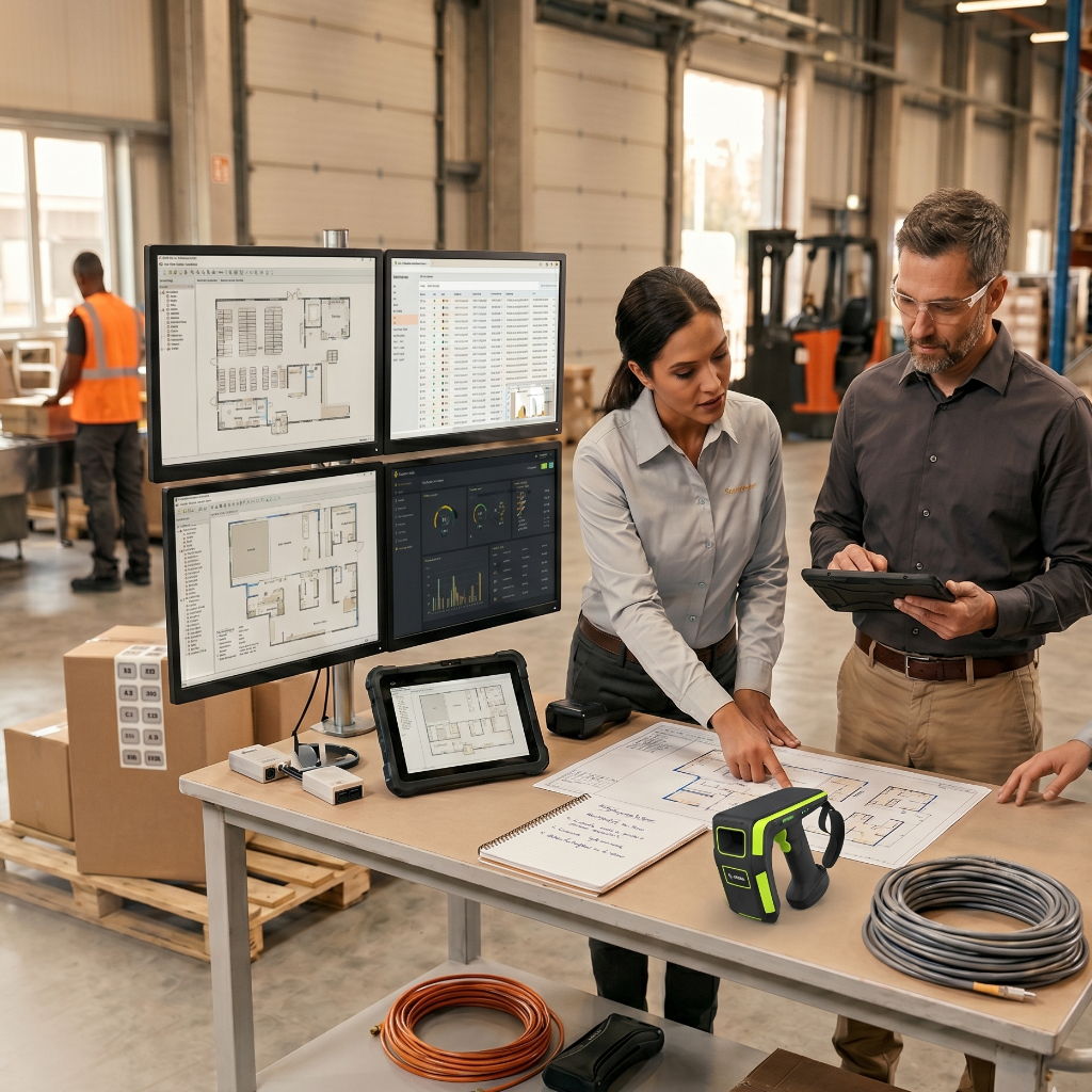 Two professionals discussing plans and data in a warehouse setting.